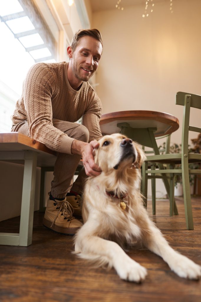 Vertical shot of young smiling man with his dog, golden retriever pet in a cafe